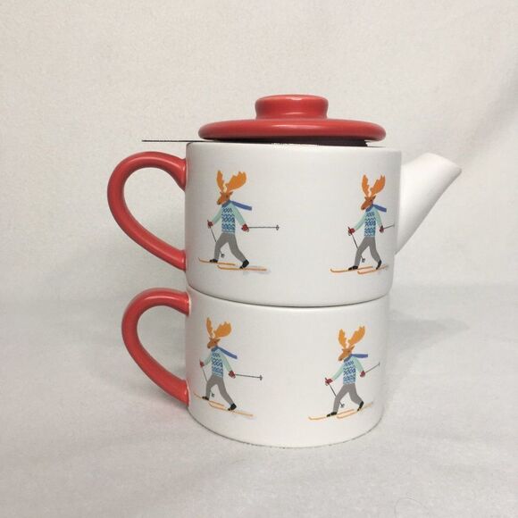 Indigo Stacking Tea Pot Set Skiing Moose Ceramic - Picture 1 of 15